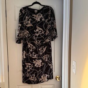 Anne Klein Black Midi Dress with Cream Chain & Scroll Print